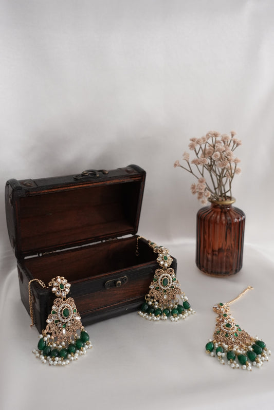 Indian/Pakistani jewelry set with tikka and earrings on a white background. Royal 